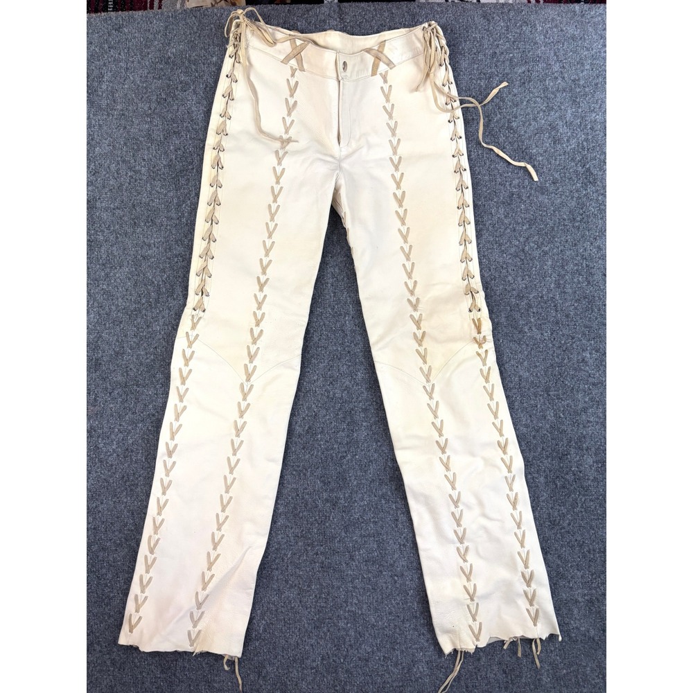 Western Leather Pants Lace Up Cream Artisan Couture 28 Waist Boho Vintage Rare